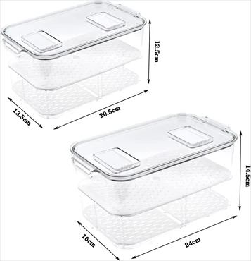 2 Pack Drain Tray for Fruits & Vegetables,Fridge Produce Saver Organizer Fresh Keeper Drawers Storage Basket with Lid and Drain Tray(Medium,Large) image-2