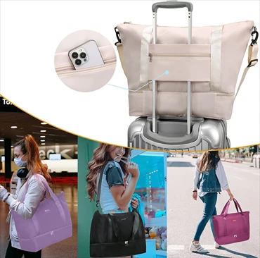 Travel Duffle Bag for Women, Weekender Overnight Bags with Shoe Compartment, Carry On Duffel Bag Sports Gym Tote Bags, Beige, Casual image-2